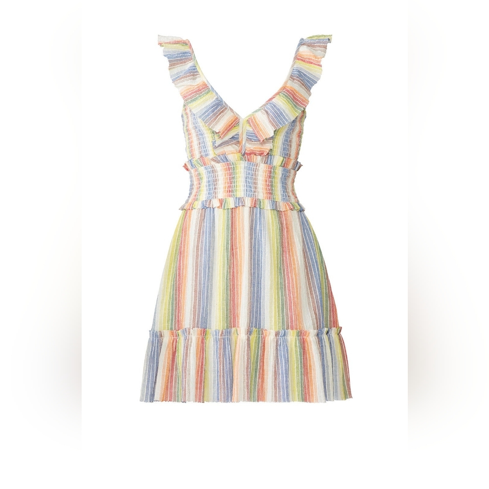 Saylor Alma Dress Rainbow Striped Crepe Smocked Bust Ruffle Strap Dress Small - Picture 15 of 15
